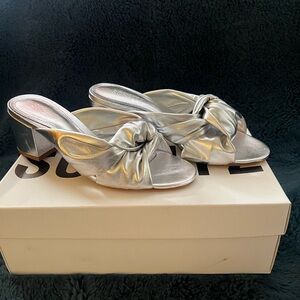 Schutz Mindy Mid Block Silver Metallic Sandal